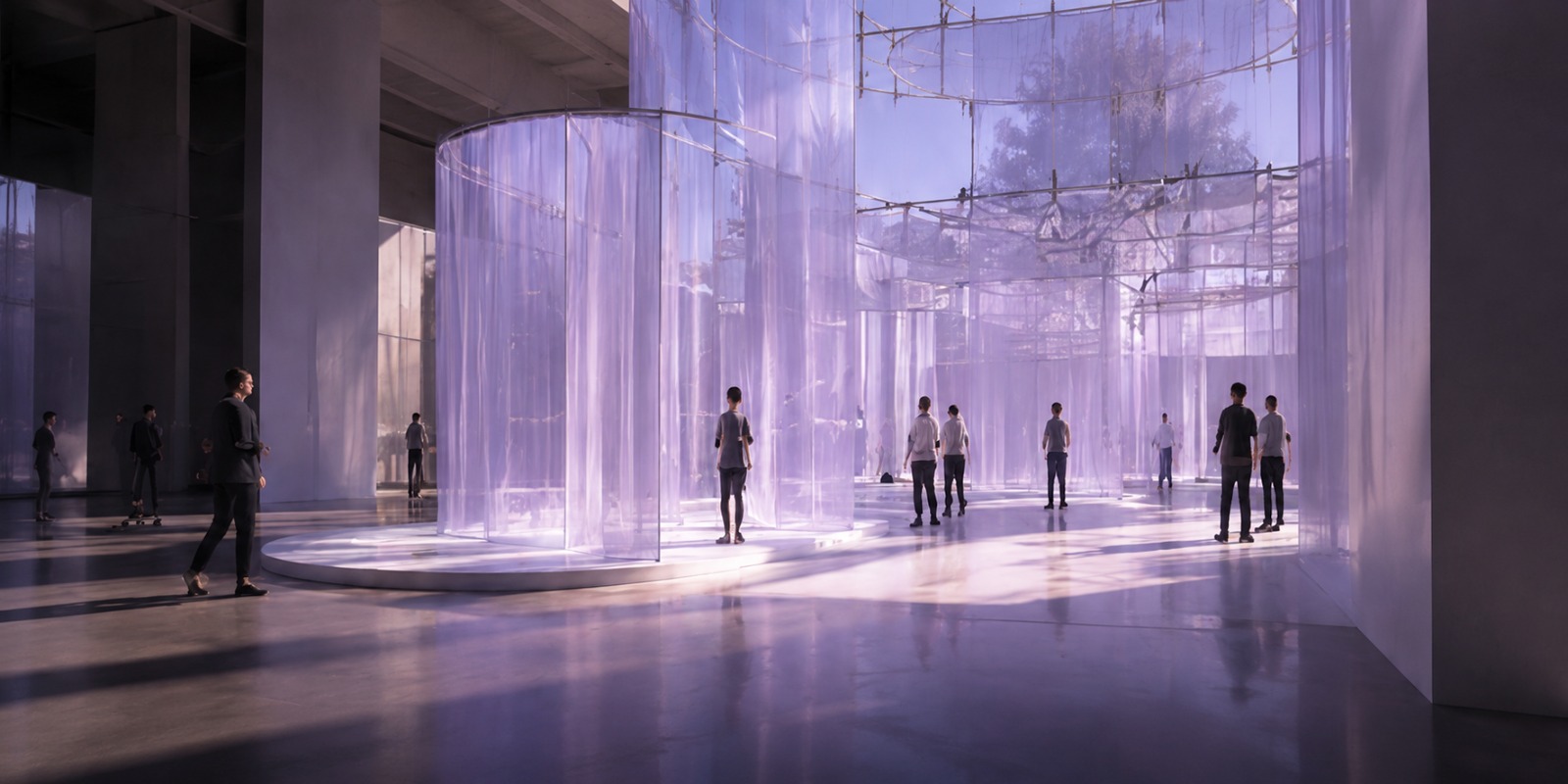 Glass cylinder installation with people at Build the Blueprint